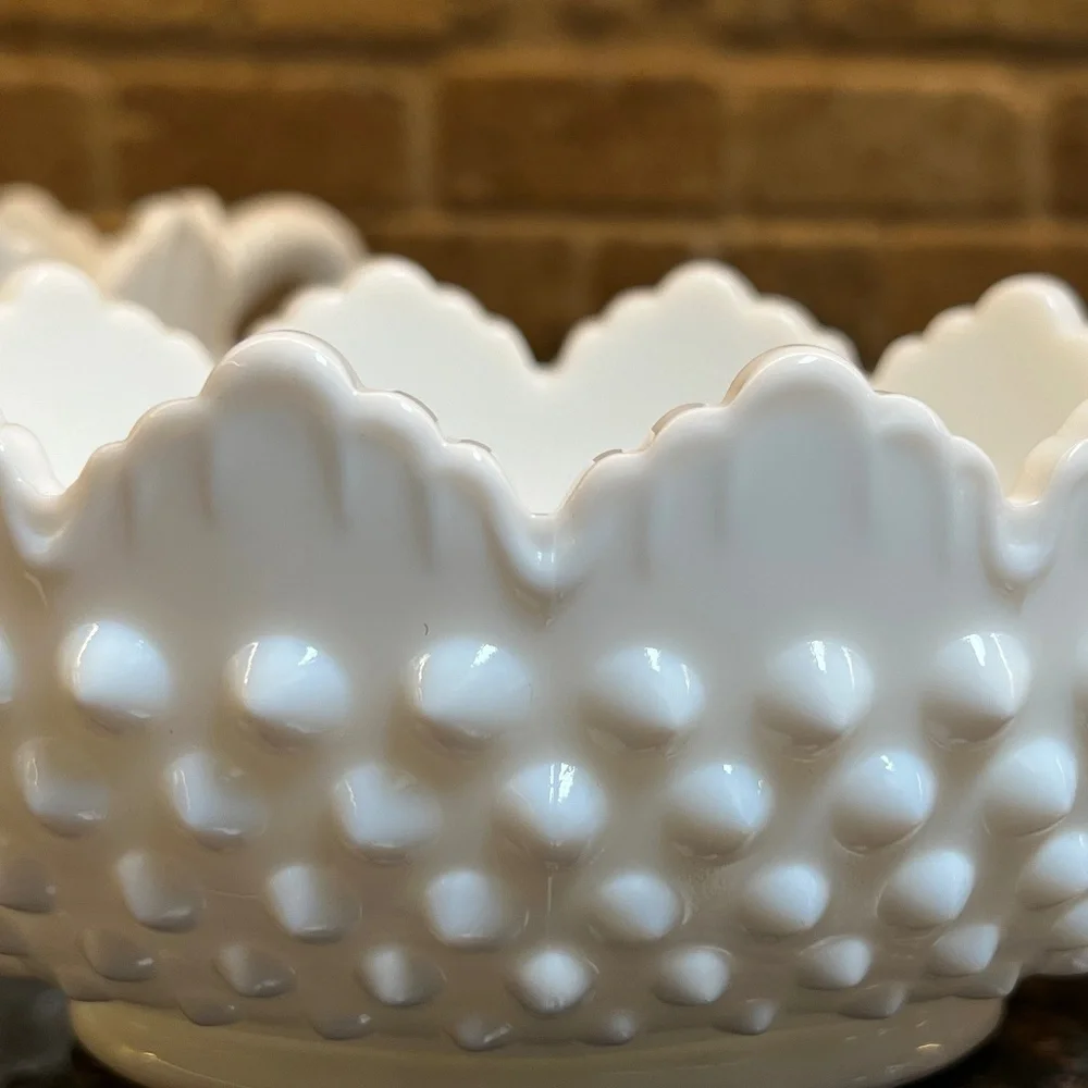 Two Vintage Fenton Hobnail Milk Glass Nut or Candy Bowl